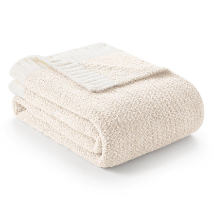 Snuggle Sac Buttery Ivory Throw Blanket for Couch, Reversible Super Soft Knitted Blankets, Warm Cozy Knit Fuzzy Plush Lightweight Throws Dupes for Sofa, Bed, Picnic, Ivory, 50 x 60 inches