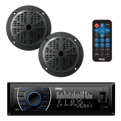 Pyle Marine Headunit Receiver Speaker Kit - In-Dash LCD Digital Stereo Built-in Bluetooth & Microphone w/ AM FM Radio System 5.25’’ Waterproof Speakers (2) MP3/SD Readers & Remote Control-PLMRKT46BK
