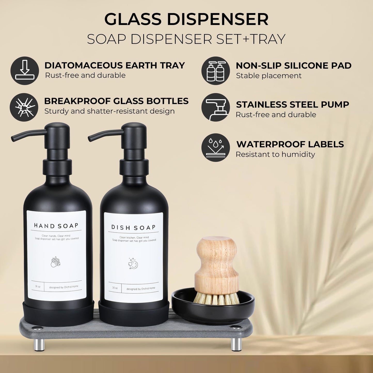 [Luxury] Kitchen Soap Dispenser Set - 16OZ Black Glass Bottle, Stainless Steel Pump, Instant Dry Tray, Waterproof Labels, Non-Slip Silicone Pad, and Dish Brush | Upgrade for Your Kitchen and Bathroom