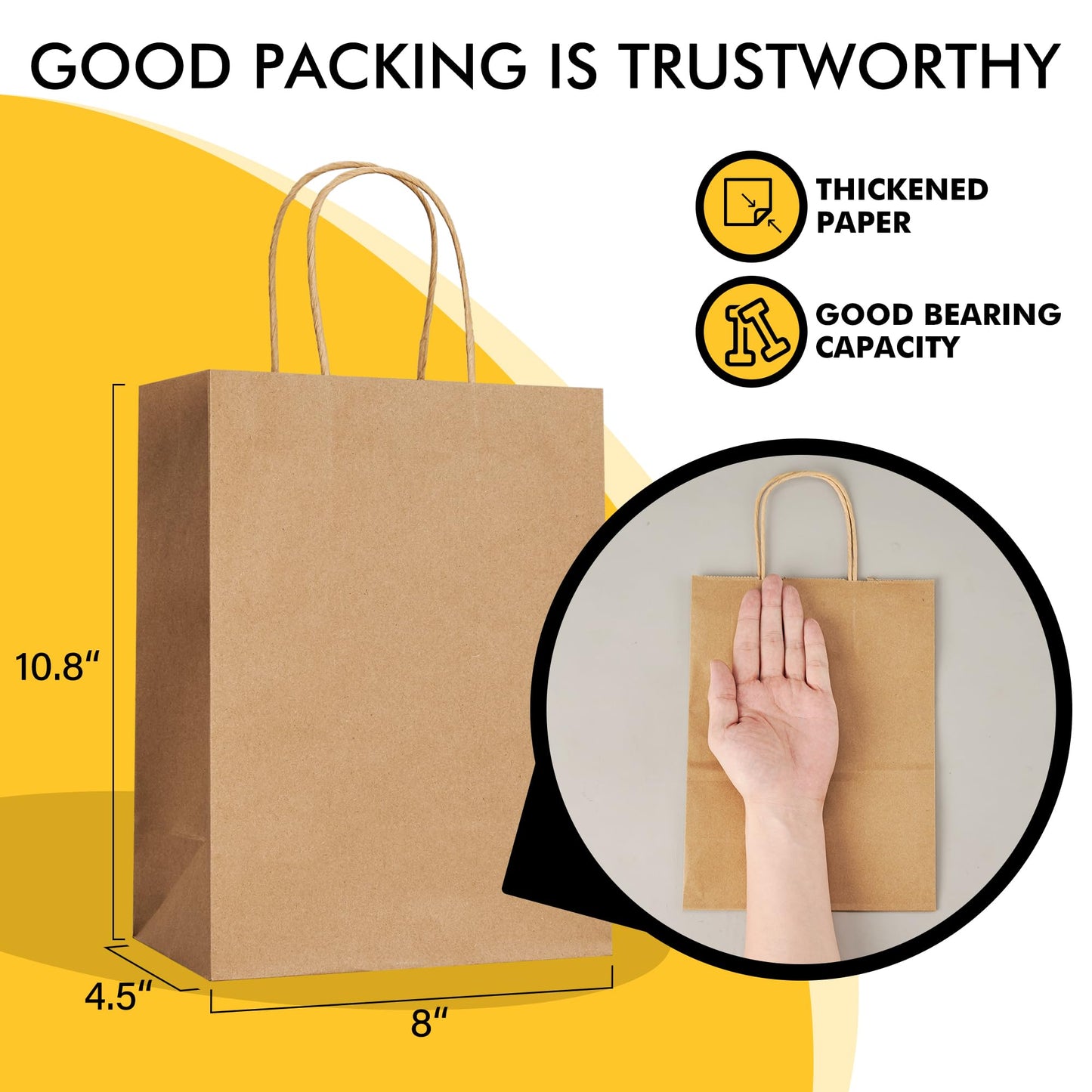 Brown Paper Bags with Handles Bulk 100Pcs 8x4.5x10.8 Inch Gift Bags Bulk, Brown Kraft Paper Bags for Retail, Party, Shopping, Favor