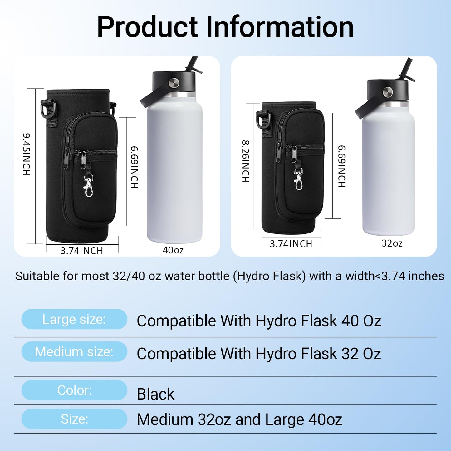 RRegeny Water Bottle Holder with Strap for Hydroflask 32oz 40oz, Carrier Sling Bag with Phone Pocket Sleeve for Men Women Hiking Camping Travelling（black24/32oz）