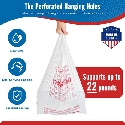 Fuxury 1000 Count Thank You Plastic Bags (12" x 6.5" x 21") White, T-shirt, Grocery, Take Out, To Go, Retail Shopping Bags in Bulk (Made in USA)