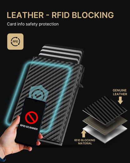 typecase Mens Wallet Card Holder: Pop Up Aluminum Case, Genuine Leather, Smart, RFID Blocking, Slim, Minimalist, Front Pocket - 9-14 Card Capacity | ID Window | Cash Slot (Carbon Fiber)