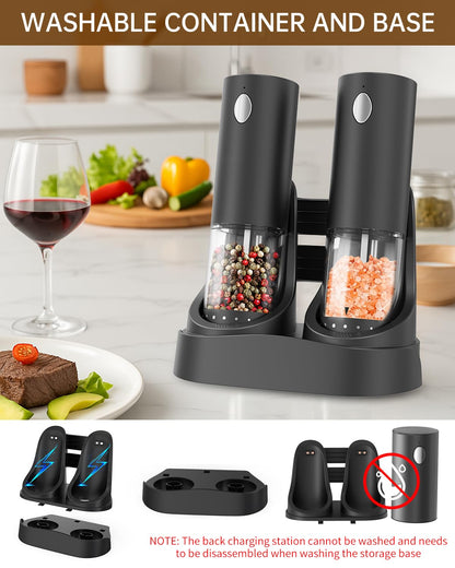 CIRCLE JOY Electric Salt and Pepper Grinder Set Automatic Salt and Pepper Grinder Set with Easy-to-Carry Charging Base and LED Light, USB Rechargeable, Upgrade External Adjustable Coarseness