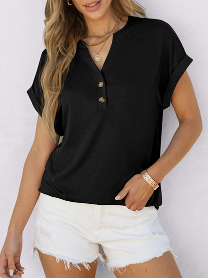 ANRABESS Womens Short Sleeve Henley Tops V Neck Dressy Casual Blouses Summer Trendy Tee Shirts 2025 Vacation Fashion Clothes Black XL