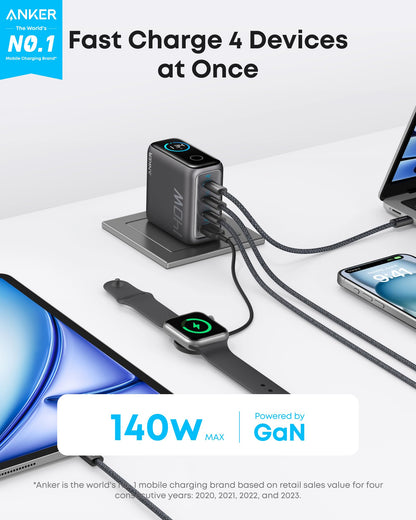 Anker Laptop Charger, 140W MAX USB C Charger, 4-Port Multi-Device Fast Charging, Advanced GaN Power Adapter, Intuitive Touch Controls, for MacBook, iPhone 16 Series, Samsung Galaxy, Pixel, and More