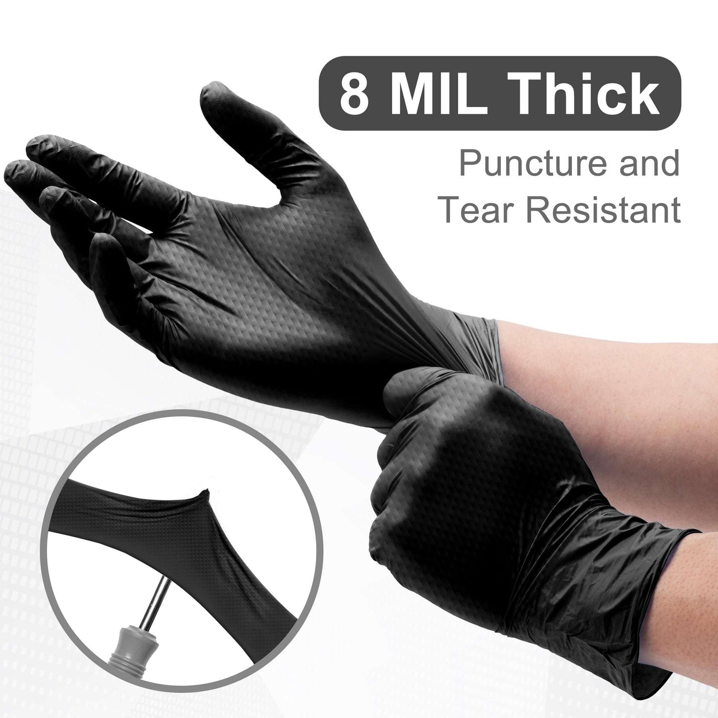 WECARE Black 8 Mil Nitrile Gloves Medium 50 Pack - Heavy Duty Mechanic Gloves, with Diamond Grip - Powder and Latex Free Disposable Gloves