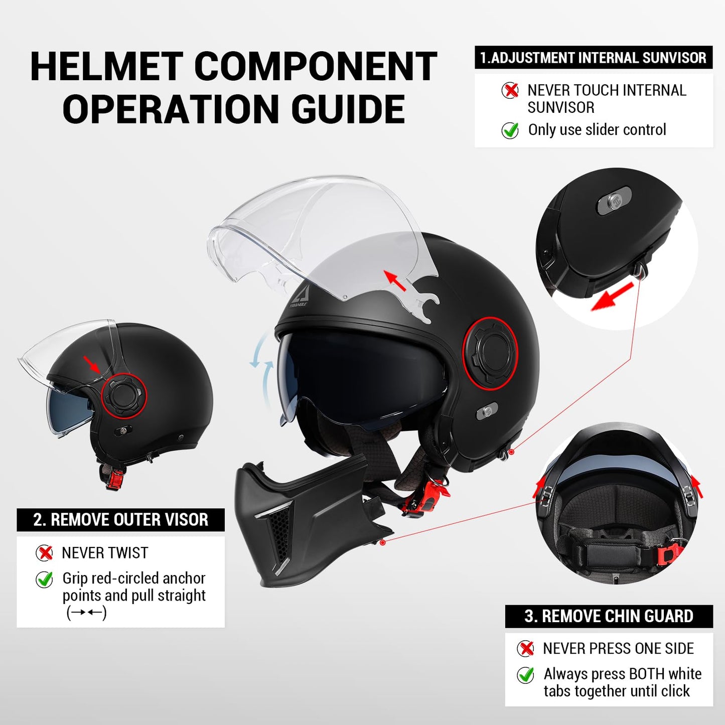 TRIANGLE Full Face Motorcycle Helmets,Off-Road Motocross Helmet for Men & Women,Dual Visor with Internal Tinted Sunshield,Open Face 3/4 Adult Racing Helmet DOT Approved(Black,L)