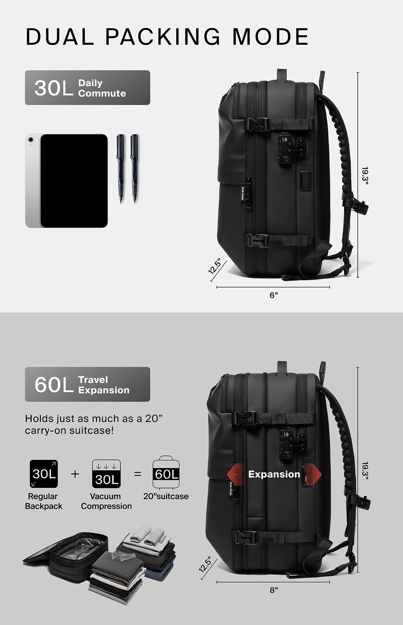 Vortex Vacuum Seal Travel Backpack 60L Expandable Air Compression System Water Resistant TSA Lock Carry-On Suitcase Luggage Black AERO - Vacuum Pump Included