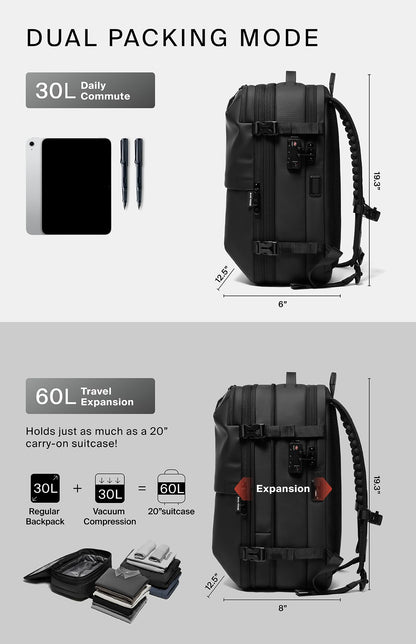 Vortex Vacuum Seal Travel Backpack 60L Expandable Air Compression System Water Resistant TSA Lock Carry-On Suitcase Luggage Black AERO - Vacuum Pump Included