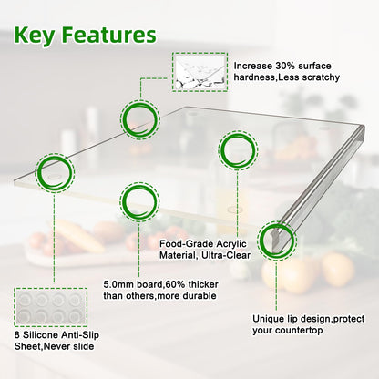 SWSKR Acrylic Cutting Board with Counter Lip,17.5"x13.5" Clear Cutting Board for Kitchen Countertop,Non-Slip,60% Thicker,Perfect for Bread,Meat,Veggies & More,Great Kitchen Essential Gadgets & Decor
