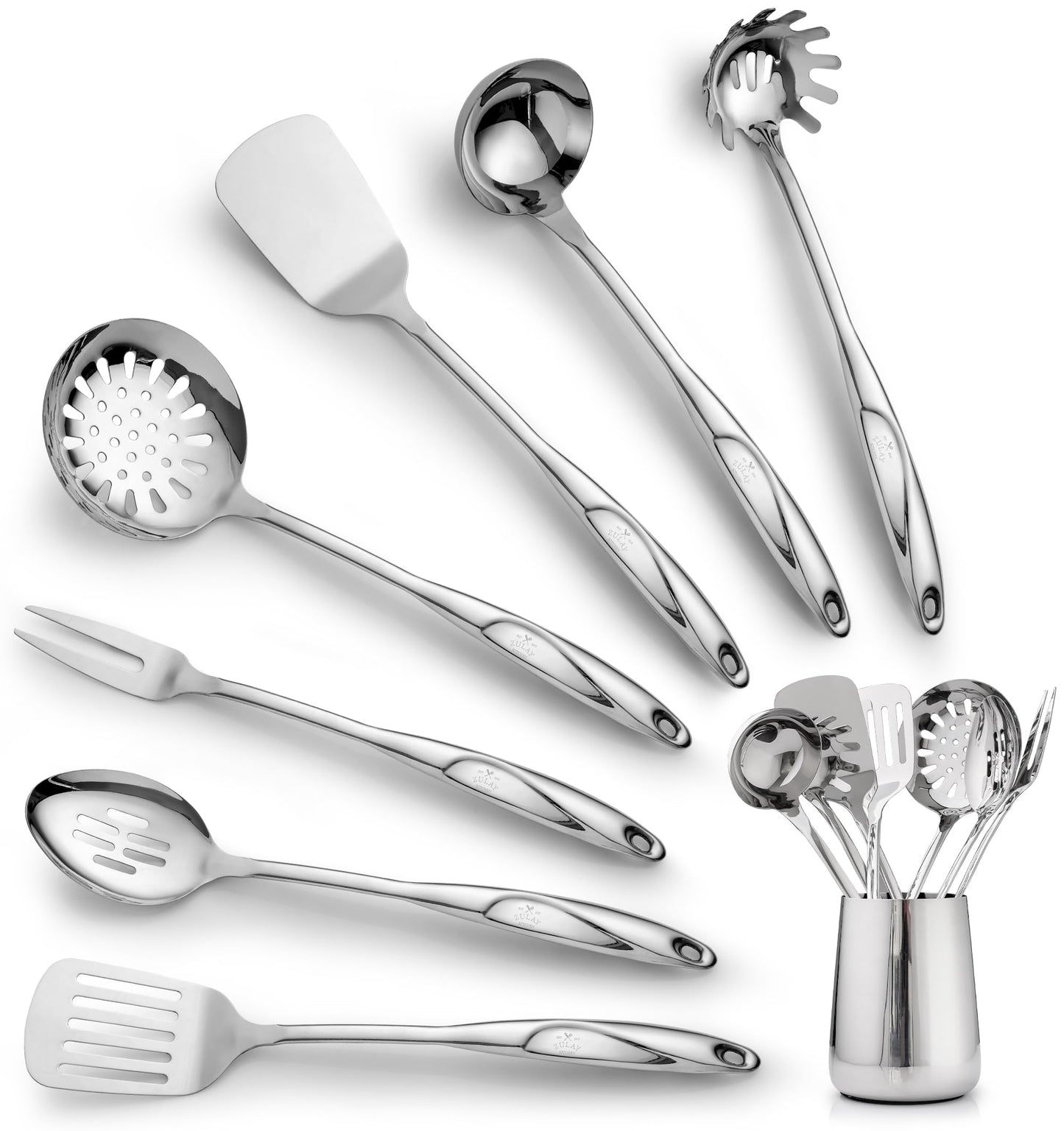 Zulay Kitchen Stainless Steel Cooking Utensil - Stainless Steel Kitchen Utensil - Durable Kitchen Gadgets - Metal Kitchen Accessories - Easy to Clean Kitchen Tools - 8 Piece Set