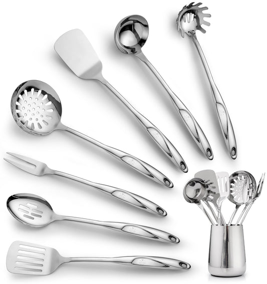Zulay Kitchen Stainless Steel Cooking Utensil - Stainless Steel Kitchen Utensil - Durable Kitchen Gadgets - Metal Kitchen Accessories - Easy to Clean Kitchen Tools - 8 Piece Set