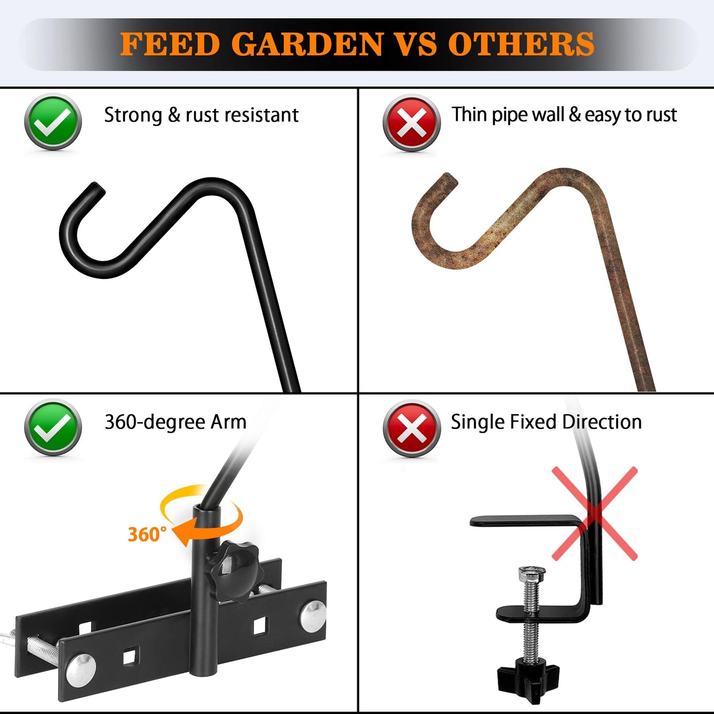 FEED GARDEN 2 Pack 13.5 Inch Deck Hooks for Vertical Railing, Adjustable Deck Bird Feeder Hanger for Hanging Lanterns, Wind Chimes, Flower Baskets, Suet Feeders