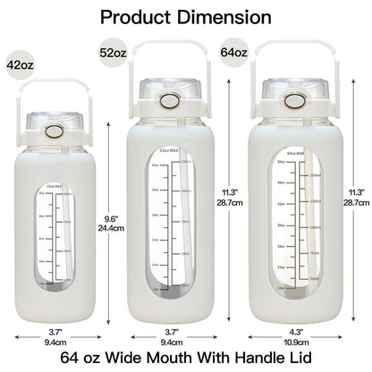 chunmo 64oz Glass Water Bolttles with Straw Half Gallon Large Motivational Water Bottle with Time Marker Sports Water Bottles with Silicone Sleeve and Handle Lid Water Jug for Gym Workout