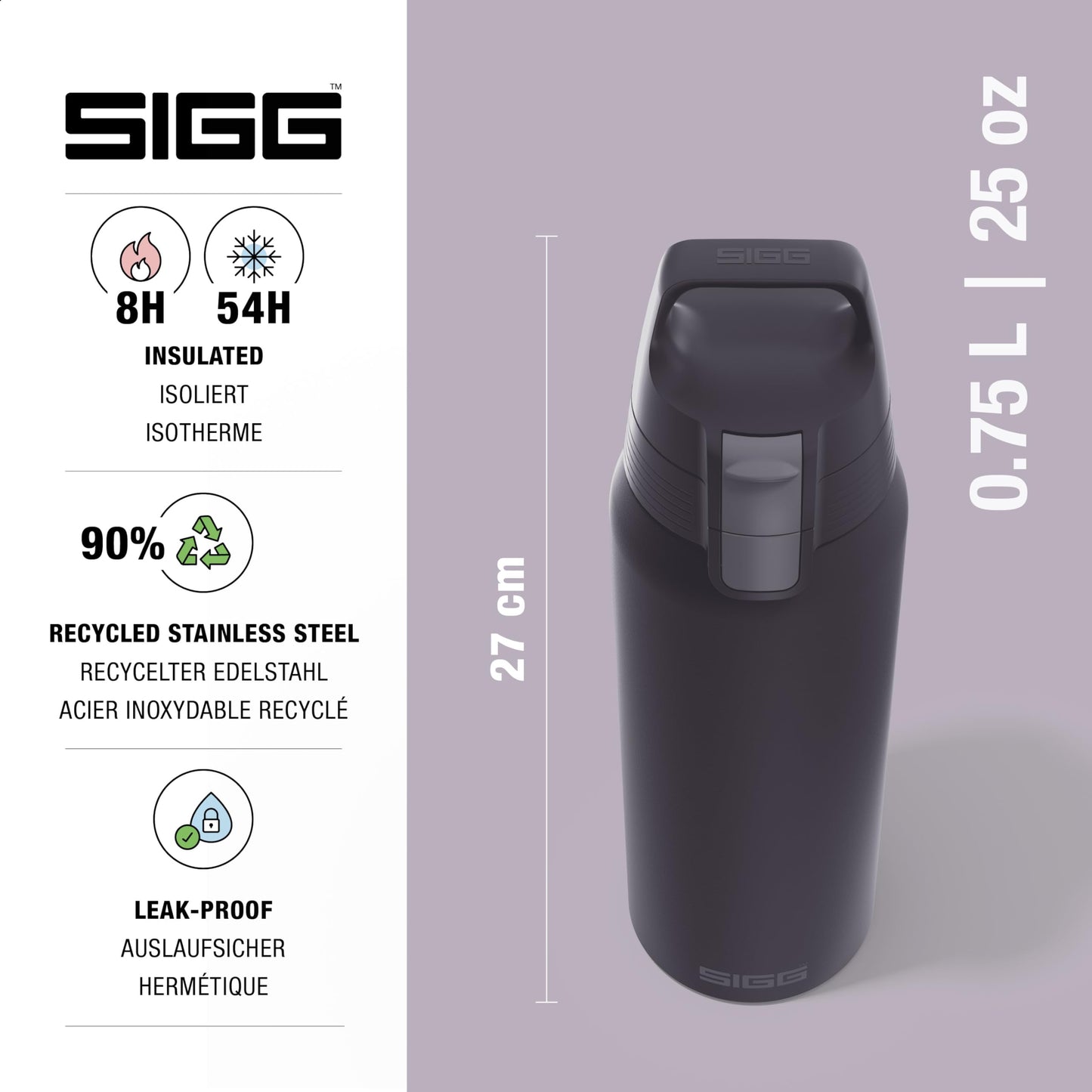 SIGG - Insulated Water Bottle - Shield Therm One Nocturne - Suitable For Carbonated Beverages - Leakproof - Dishwasher Safe - BPA Free - 90% Recycled Stainless Steel - Pink - 25 Oz