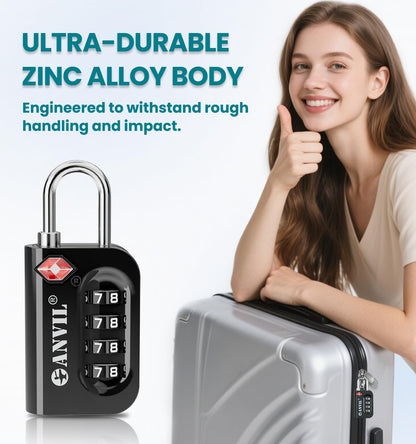 ANVIL TSA Approved Luggage Lock - 4 Digit Combination, 10,000 Combinations, Easy-Read Password Window, Travel Lock for Suitcases, Backpacks, Gym & Student Lockers, Baggage(Yellow 2 Pack)