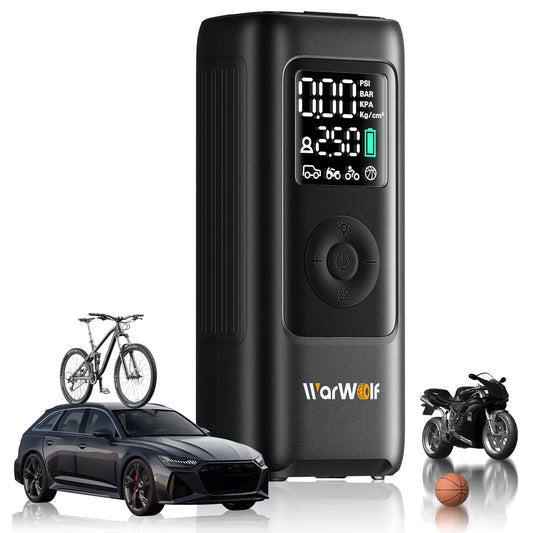 WARWOLF 160PSI Tire Inflator Portable Air Compressor - 48LPM Fast Air Pump for Car Tires: SUV, Light Truck, Motorcycle, Bike, 10000mAh with Auto Shut-Off, Digital Gauge, 12V Car Adapter, LED Light