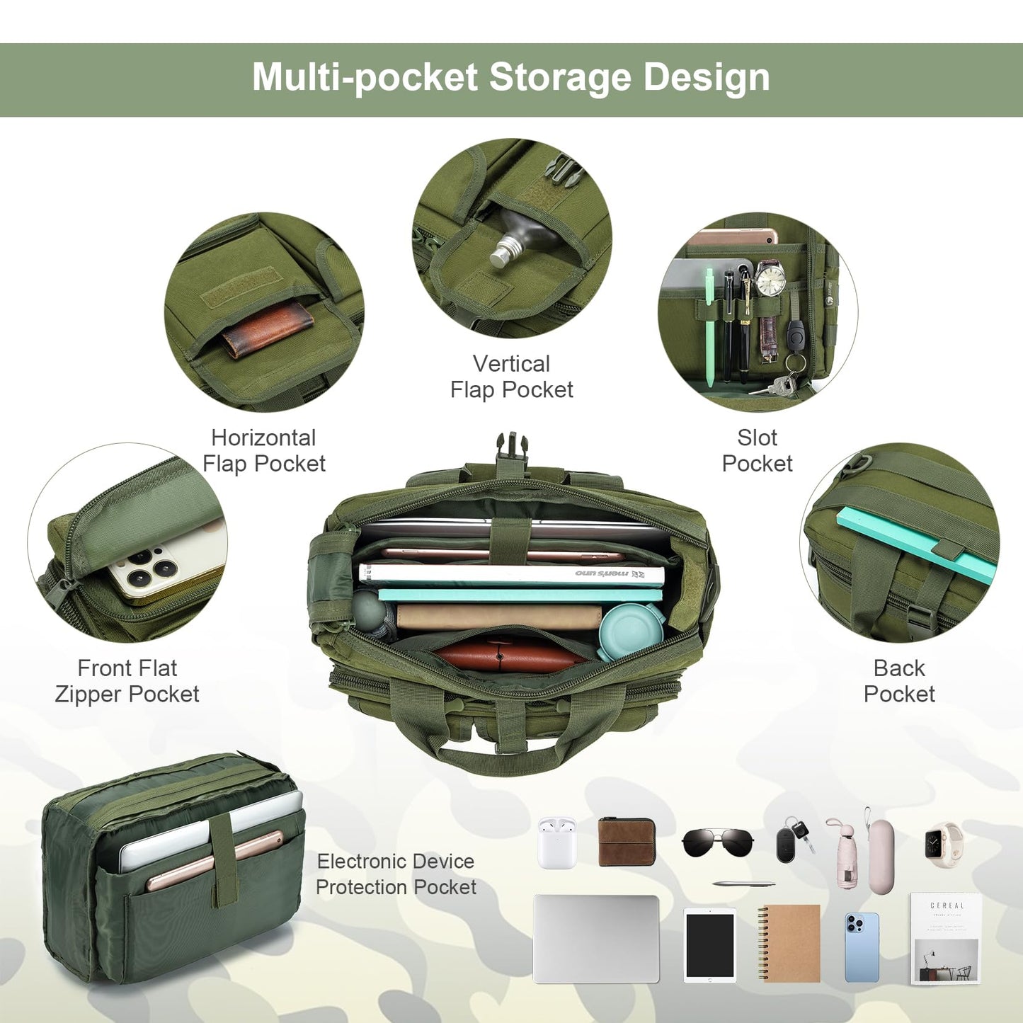 Stypos Tactical Messenger Bag, 14 Inch Tactical Briefcase for Man Military Laptop Bag Messenger Shoulder Bag Flight Bags for Pilots (Green)