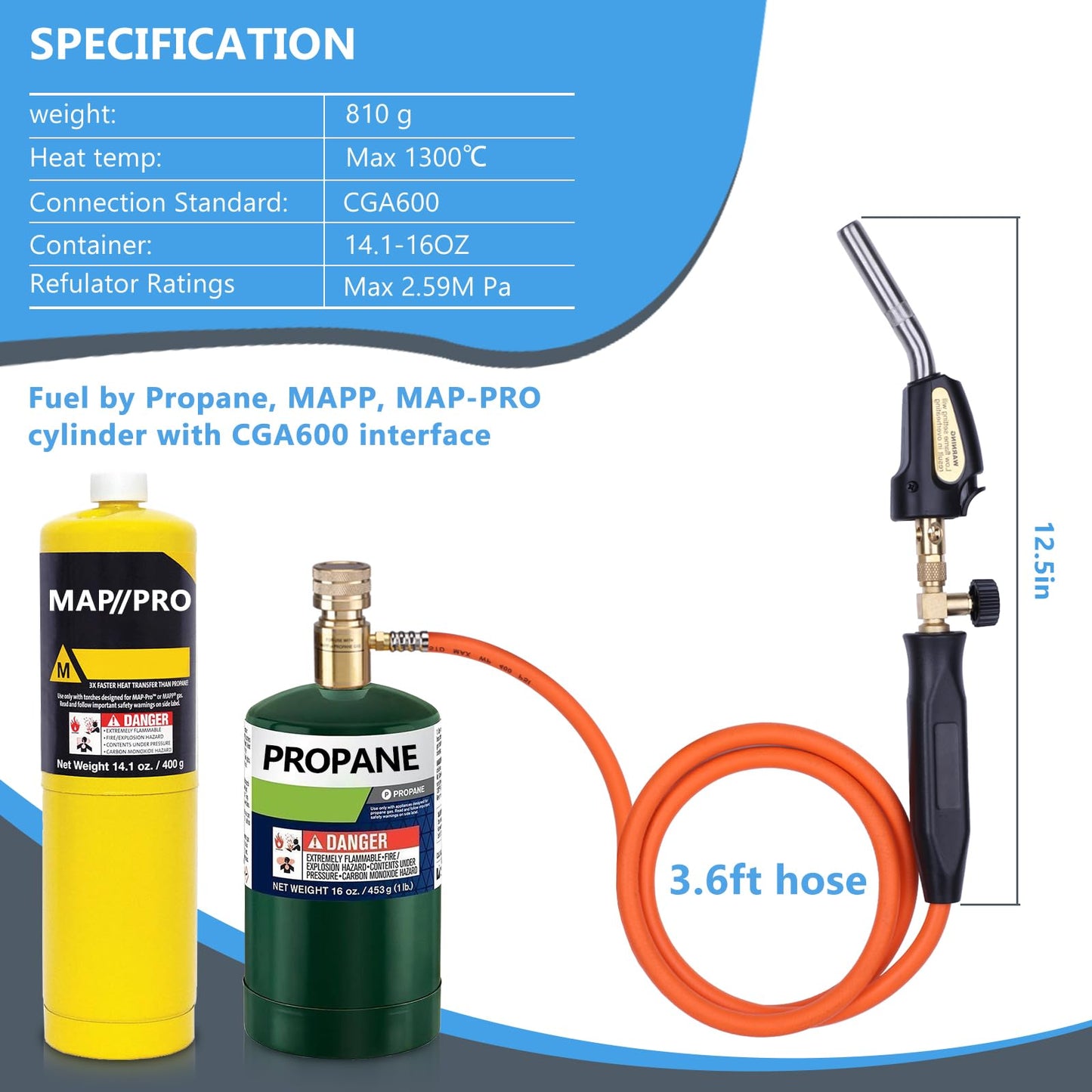 TAUSOM Propane Torch Hose Kit, Mapp Gas Torch Heat 3600℉ Map Gas Torch Kit Trigger Start & Flame Adjustment, Soldering Welding Torch Fuel by MAPP, Map/Pro,Propane(Includes Cylinder Clip)