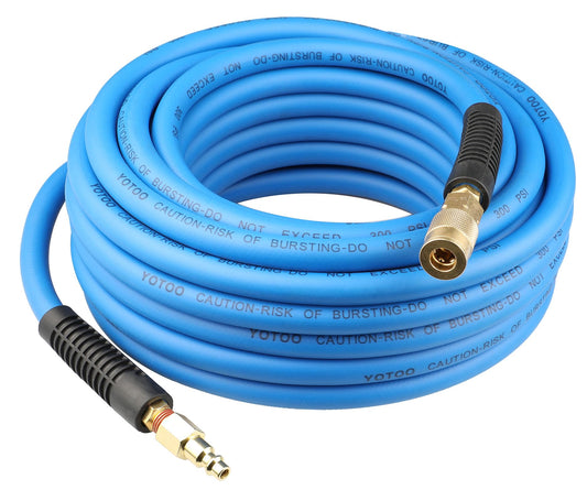 YOTOO Air Hose 3/8 in x 50 ft, Heavy Duty Hybrid Air Compressor Hose, Flexible, Lightweight, Kink Resistant with 1/4" Industrial Quick Coupler Fittings, Bend Restrictors, Blue