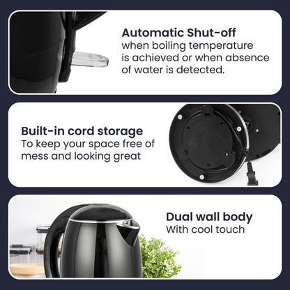 Elite Gourmet EKT1821 1.8L Double Wall Insulated, Cool-Touch 1500W Kettle w/Stainless Steel Interior & Lid, 360° Swivel Base for Cord Free Serving, Power On Lever, Auto Shut-Off, Boil Dry, Black