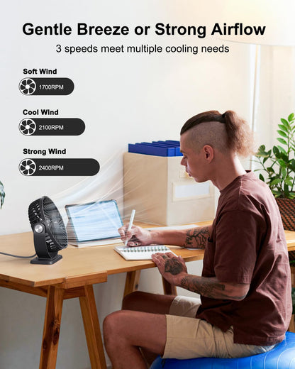 TriPole Small Desk Fan USB Powered Portable Fan 3 Speeds Strong Airflow Mini Fan 360°Rotation Personal Table Fans for Home Office Bedroom Desktop, 5.1 Inch Black, 4.9ft Cable
