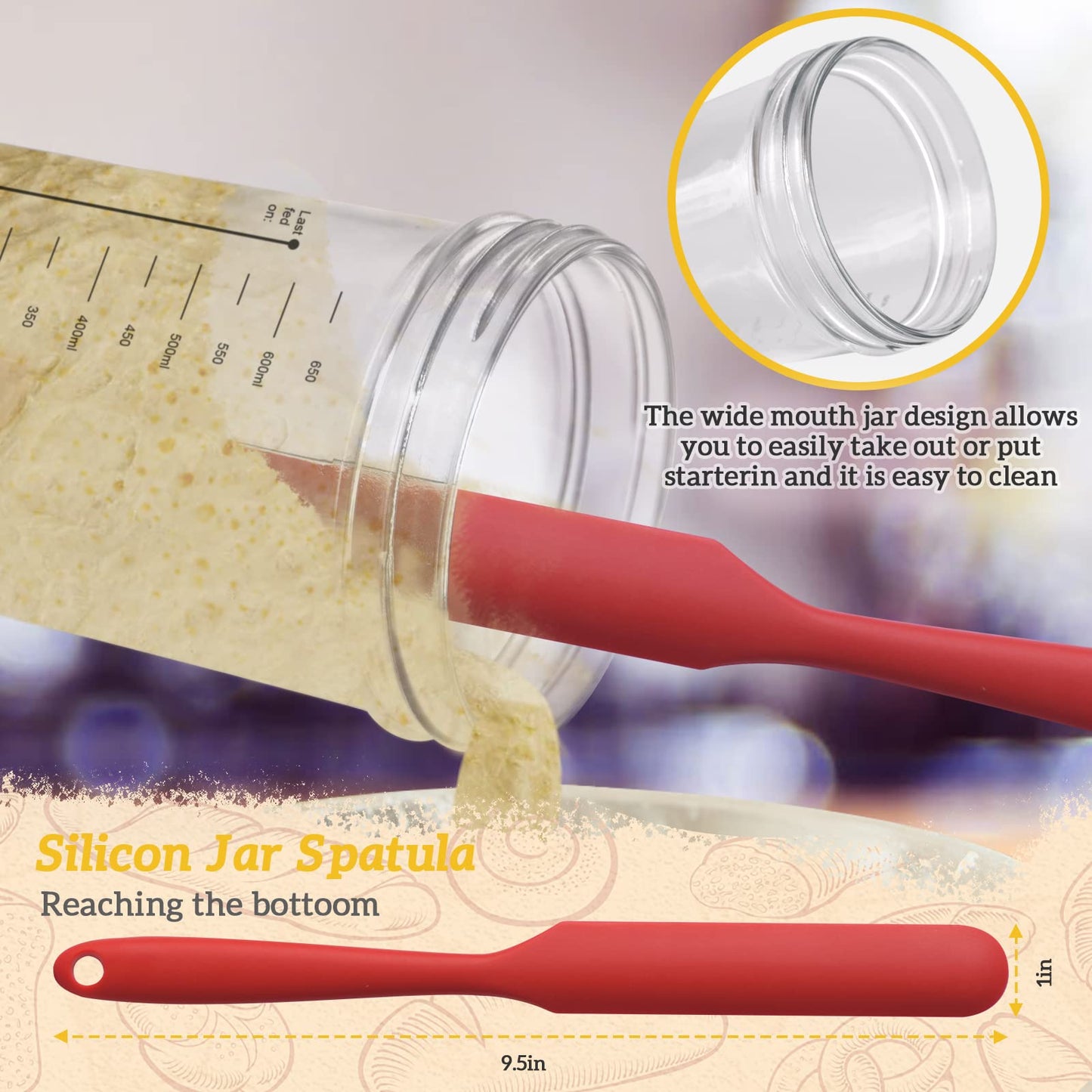 Sourdough Starter Jar Kit, 650ml Sourdough Starter Jar With Thermometer, Silicone Scraper, Cloth Cover And Aluminum Lid. Reusable Sour Dough Starter Jar