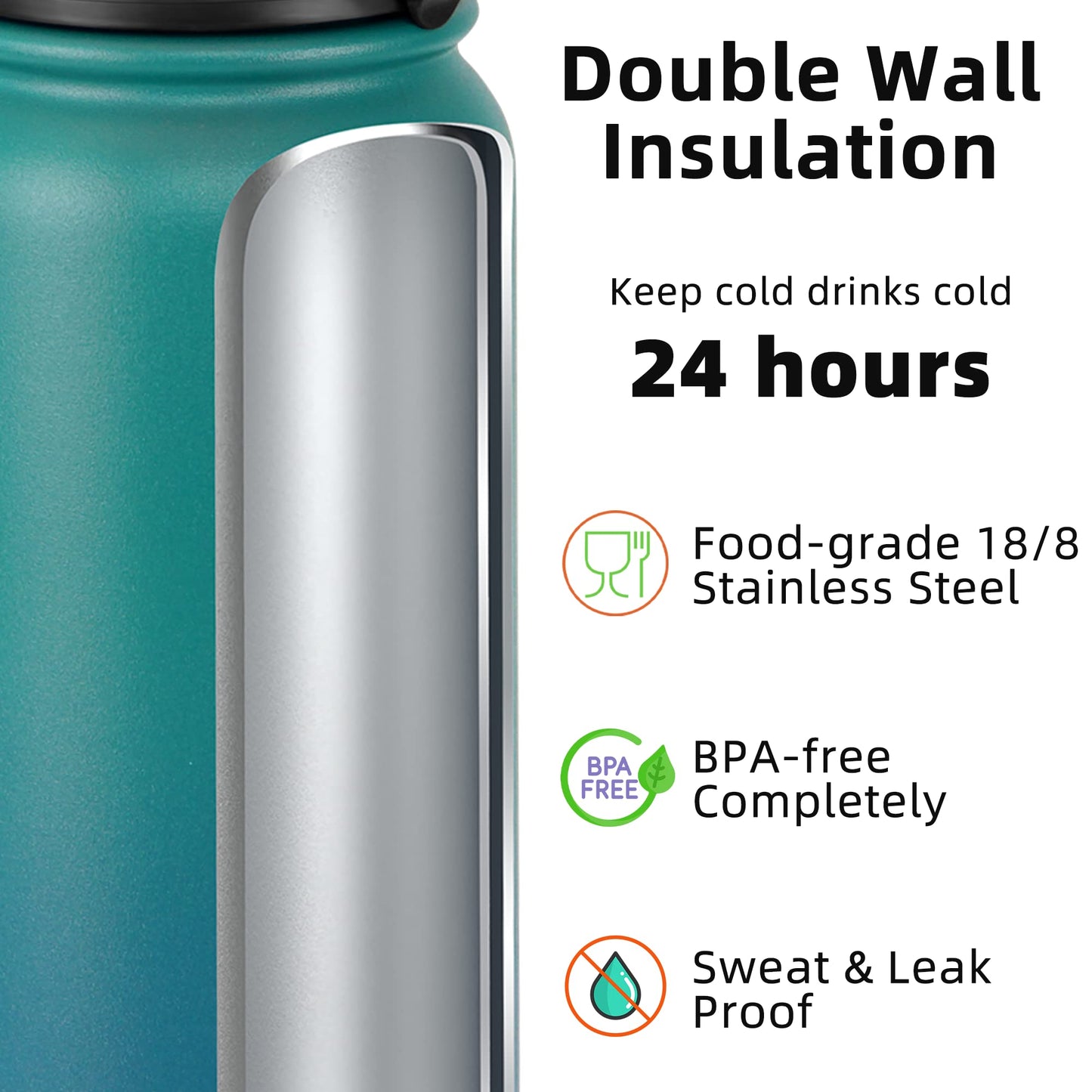 Fanhaw 20 Oz Insulated Stainless Steel Water Bottle with Chug Lid - Leak & Sweat Proof with Anti-Dust Lid (Green Blue)