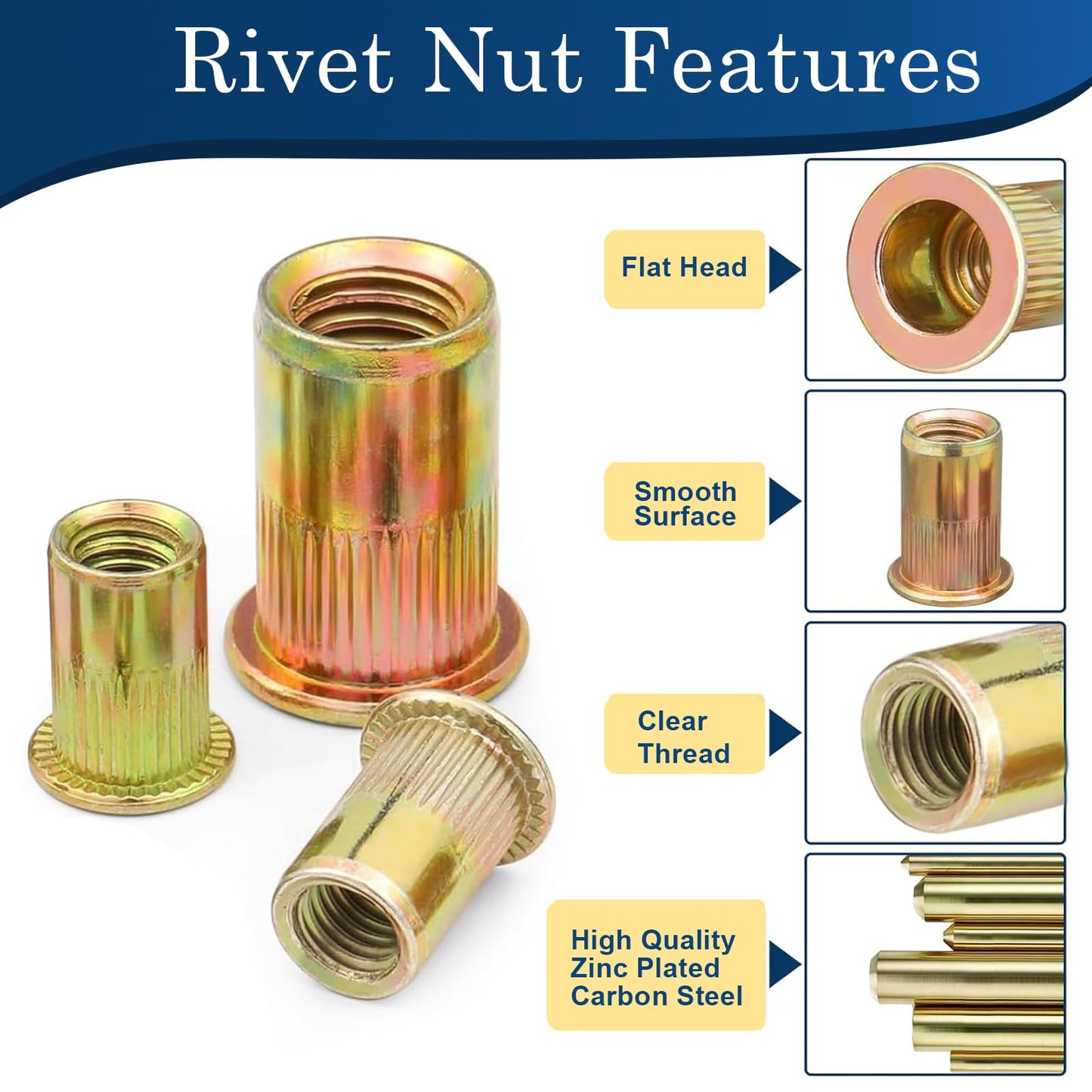 Vifmy 1/4 Rivet Nut, 115Pcs Carbon Steel Zinc Rivet Nuts 1/4-20, 1/4 20 Threaded Insert Rivnut, 1/4 UNC Rivets Nutsert, Flat Head 1/4 x 20 RIV Nuts