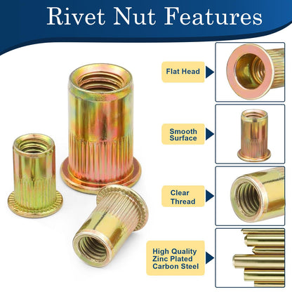 Vifmy 1/4 Rivet Nut, 115Pcs Carbon Steel Zinc Rivet Nuts 1/4-20, 1/4 20 Threaded Insert Rivnut, 1/4 UNC Rivets Nutsert, Flat Head 1/4 x 20 RIV Nuts