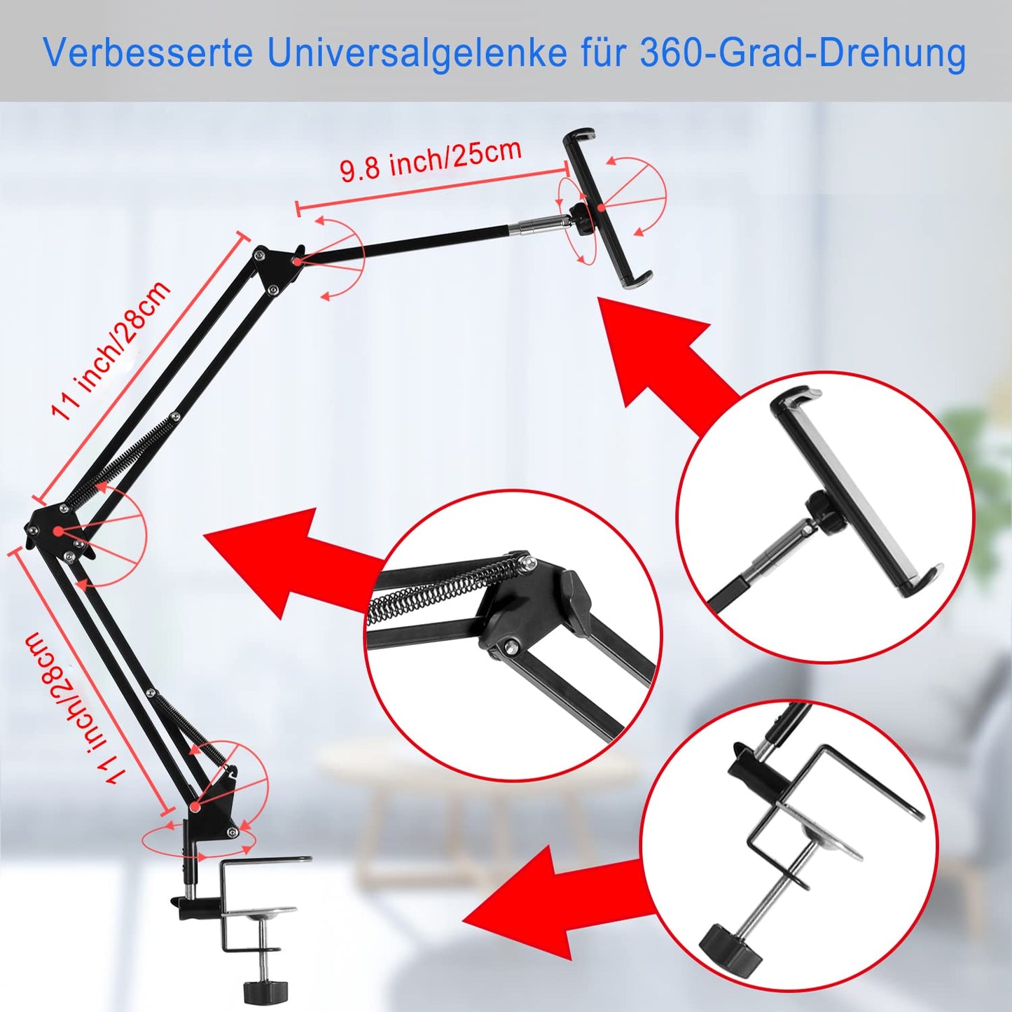 Tablet Stand Adjustable,Foldable Arm Stand for Bed,Aluminum Universal Flexible Tablet Holder with 360 Degree Rotation Compatible with iPad/iPhoneX/iPad Pro/N-Switch,or Other 4.5~12.9 Inches Devices
