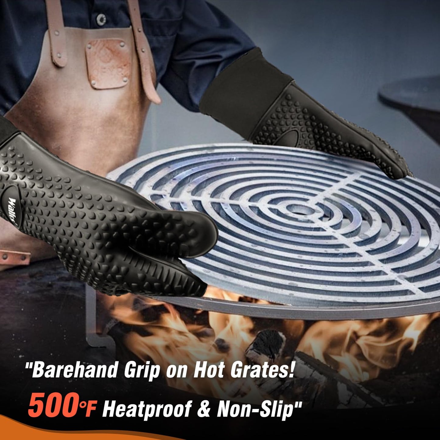 Walfos Silicone BBQ Gloves - Heat Resistant Grilling Gloves, Premium Non-Slip Kitchen Silicone Oven Mitt With Protective Cotton Layer Inside, Waterproof, Great for Grilling, Kitchen and Cooking, Black
