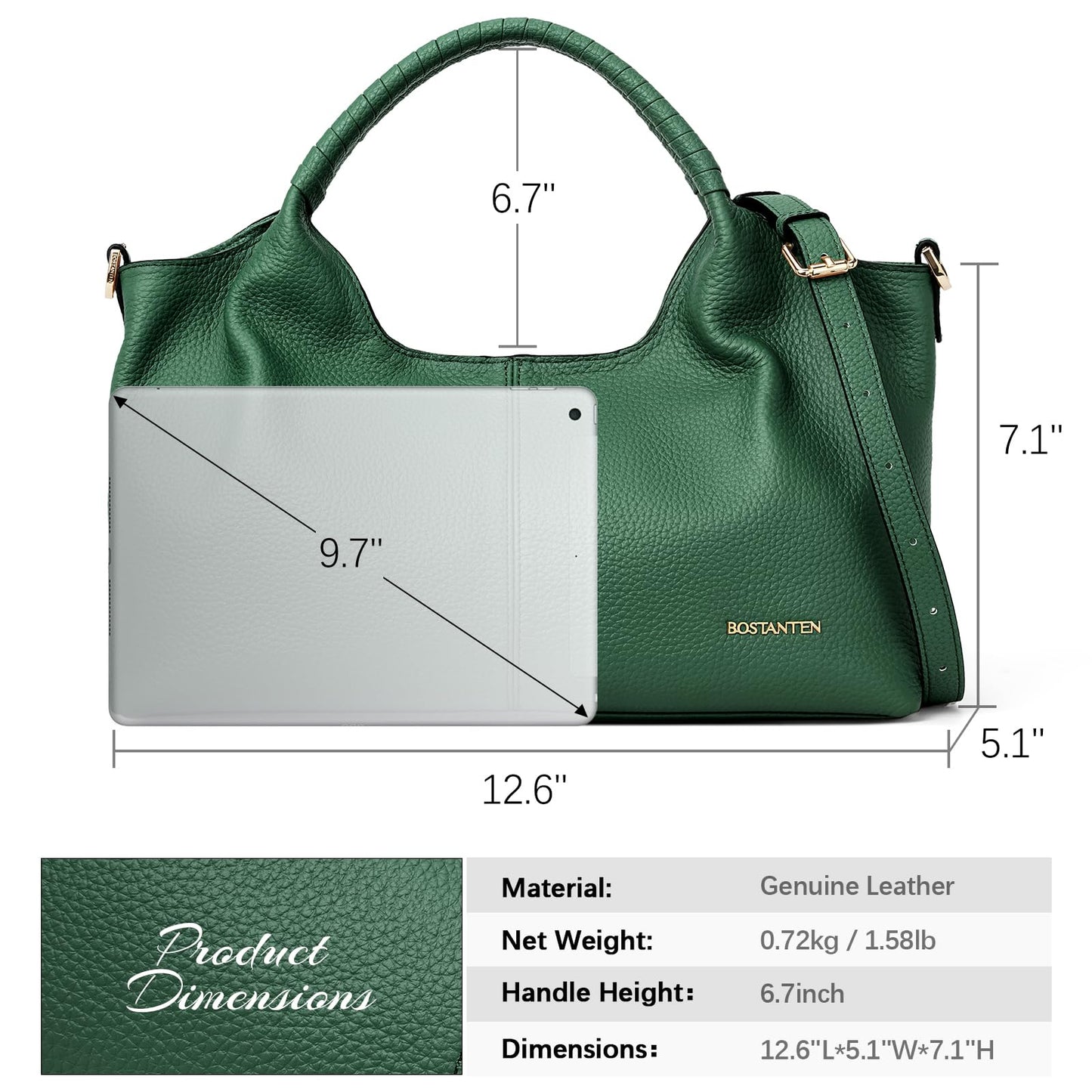 BOSTANTEN Genuine Leather Purses for Women Designer Handbags Crossbody Shoulder Bags Top Handle Satchel with Adjustable Strap (Dark green)