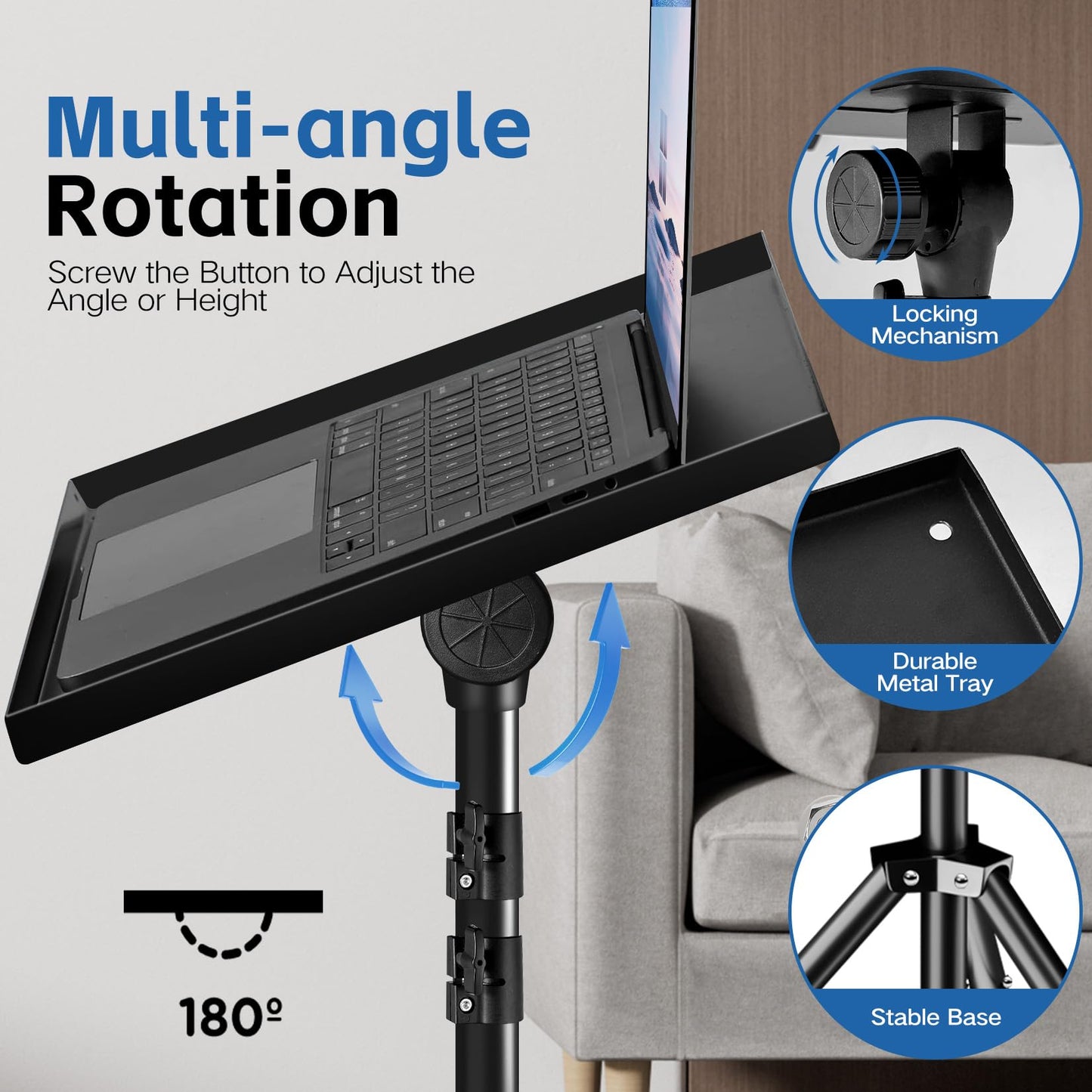 REHOSEUP Projector Stand, 33LB Load Bearing & 22-55" Height Adjustable, for Projector/Laptop/DJ Gear, Outdoor/Office/Studio - Stable Base (Black)