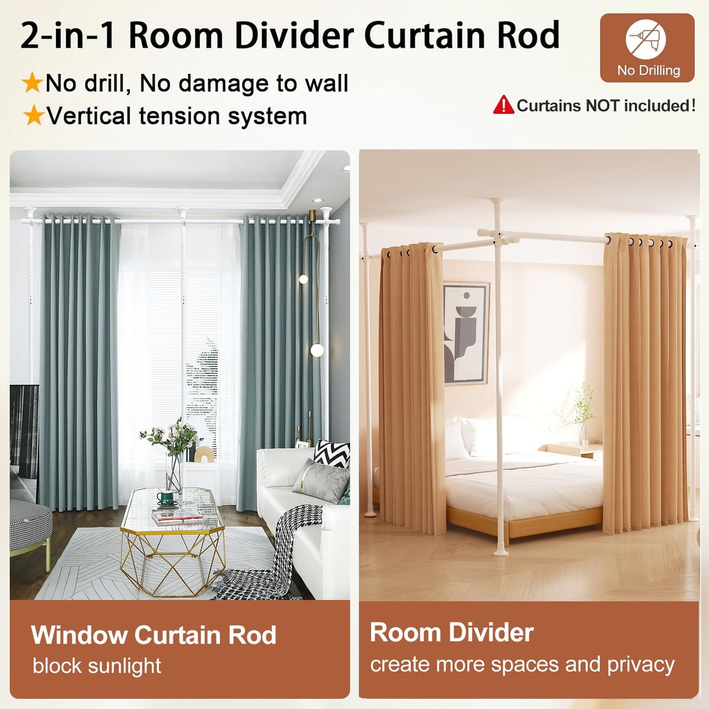 Room Divider, No Drilling Curtain Rod for Room Separation, 4-10ft (H) 28-114inch(W) Adjustable Heavy Duty Floor to Ceiling Tension Rod Wall Dividers Temporary Privacy Separator Window Rods White