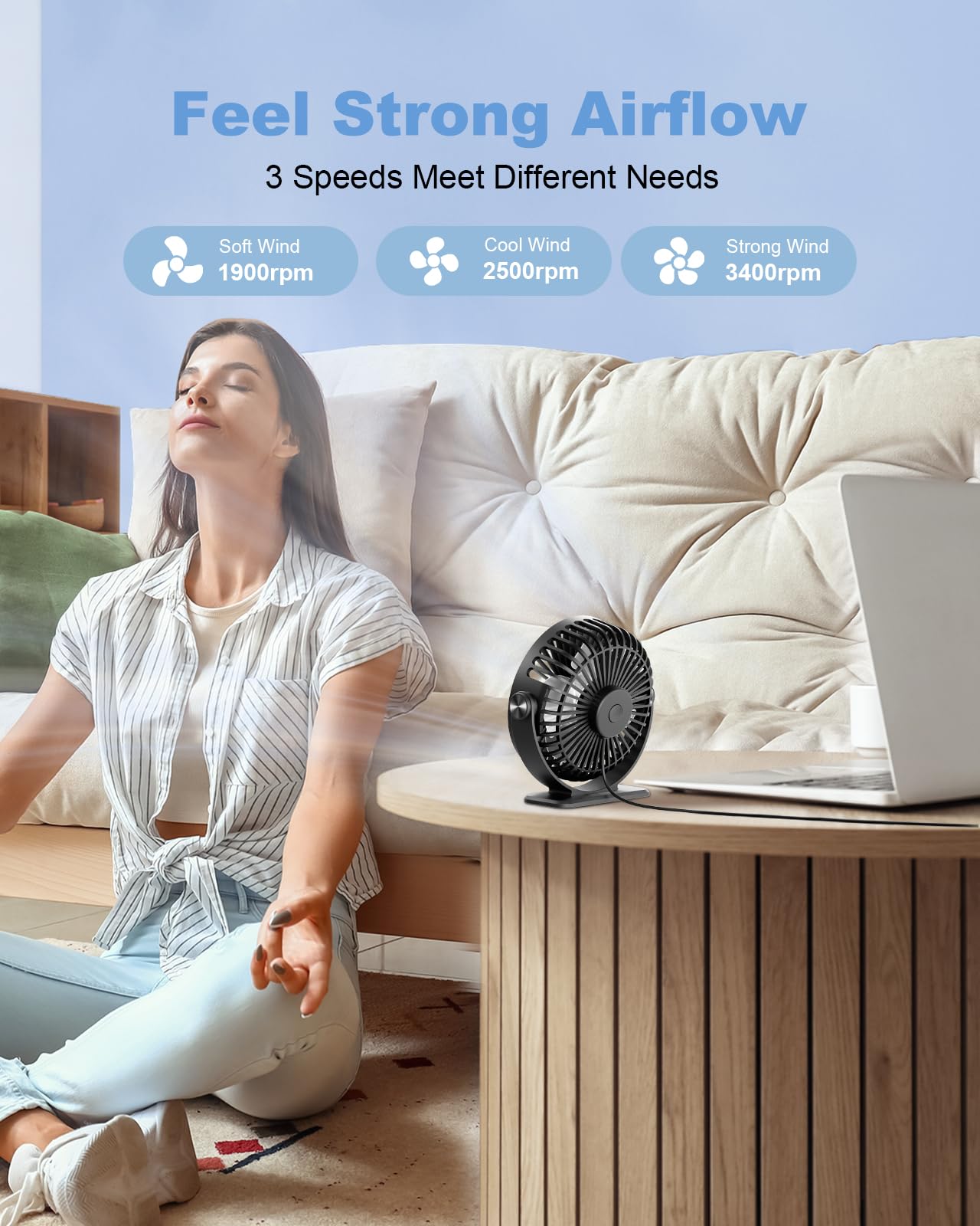 TriPole Desk Fan USB Powered Small Portable Fan, 3 Speeds Adjustable Strong Breeze Mini Personal Fans, 360° Rotation Quiet Plug In USB Fans for Desktop Bedroom Office Table Travel, Black, 4.9ft Cable