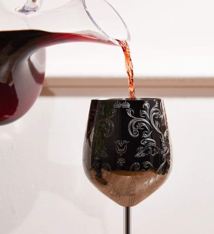 Sky Fish Stainless Steel Wine Glasses With Black Plated,etched with intricate and authentic baroque engravings,Royal style wine goblets,Set of 2(17oz)