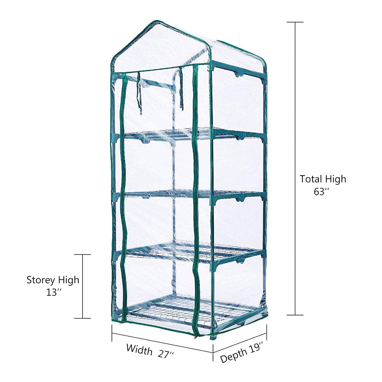 Worth Garden 4 Tier Mini Greenhouse - 63'' H x 27'' L x 19'' W - Sturdy Portable Gardening Shelves with PVC Cover - Small Green House Use in Indoor & Outdoor for Plants Flowers