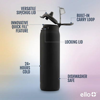 Ello Pop & Fill 32oz Stainless Steel Water Bottle with Quick Fill Technology, Double Walled and Vacuum Insulated Metal, Leak Proof Locking Lid, Sip and Chug, Reusable, BPA Free, Black