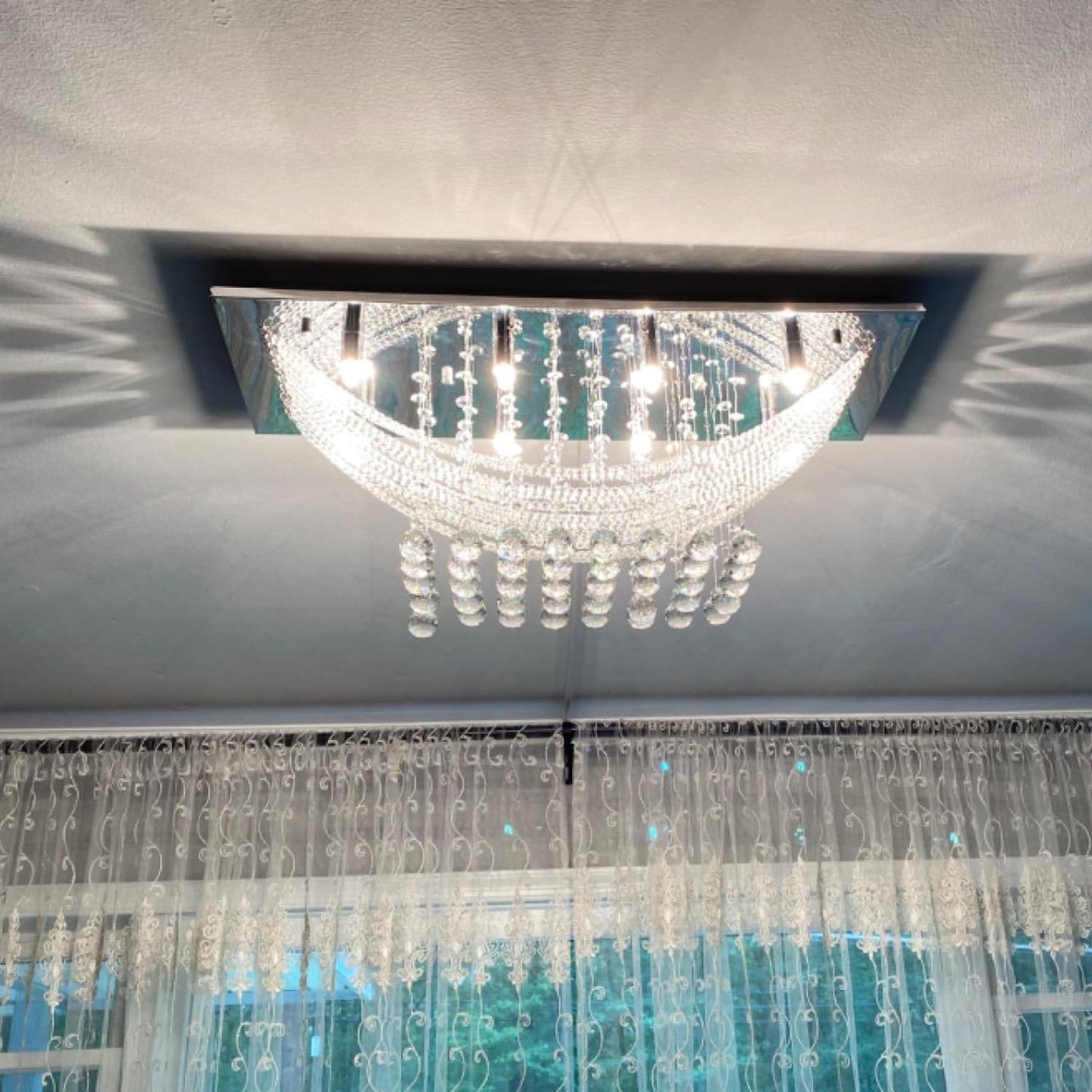 Silver Rectangle Crystal Raindrop Chandelier for Living Room, 8 Lights Modern Flush Mount Crystal Ceiling Light Fixture Pendant Lamp for Kitchen Island, Dining Room, Closet, Wedding Decor of CRYSTOP