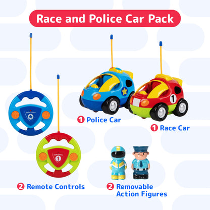 PREXTEX Cartoon Remote Control Car - 2-Pack Police and Race Car Toddler Toys - RC Cars for Kids with Different Frequencies - Easy Remote Control Toy and Thoughtful Gifts for Boys and Girls