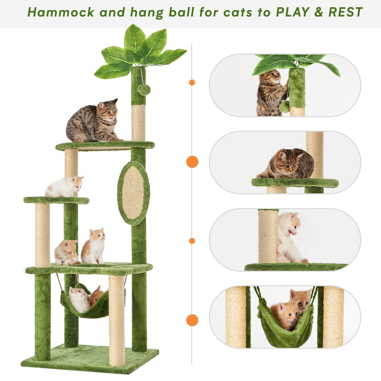 TSCOMON 55" Cat Tree for with Green Leaves, Multi-Level Large Cat Tower with Hammock, Plush Cat House with Hang Ball Toy and Sisal Scratching Posts Furniture, Green