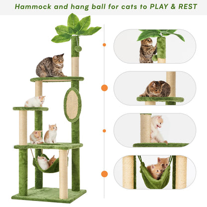 TSCOMON 55" Cat Tree for with Green Leaves, Multi-Level Large Cat Tower with Hammock, Plush Cat House with Hang Ball Toy and Sisal Scratching Posts Furniture, Green