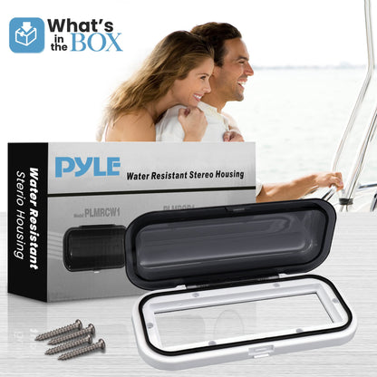 Pyle Water Resistant Marine Stereo Cover - Smoke Colored Heavy Duty Boat Radio Protector Shield with Flip-up Door & Spring Loaded Release - Mounting Gasket Included - PLMRCW1