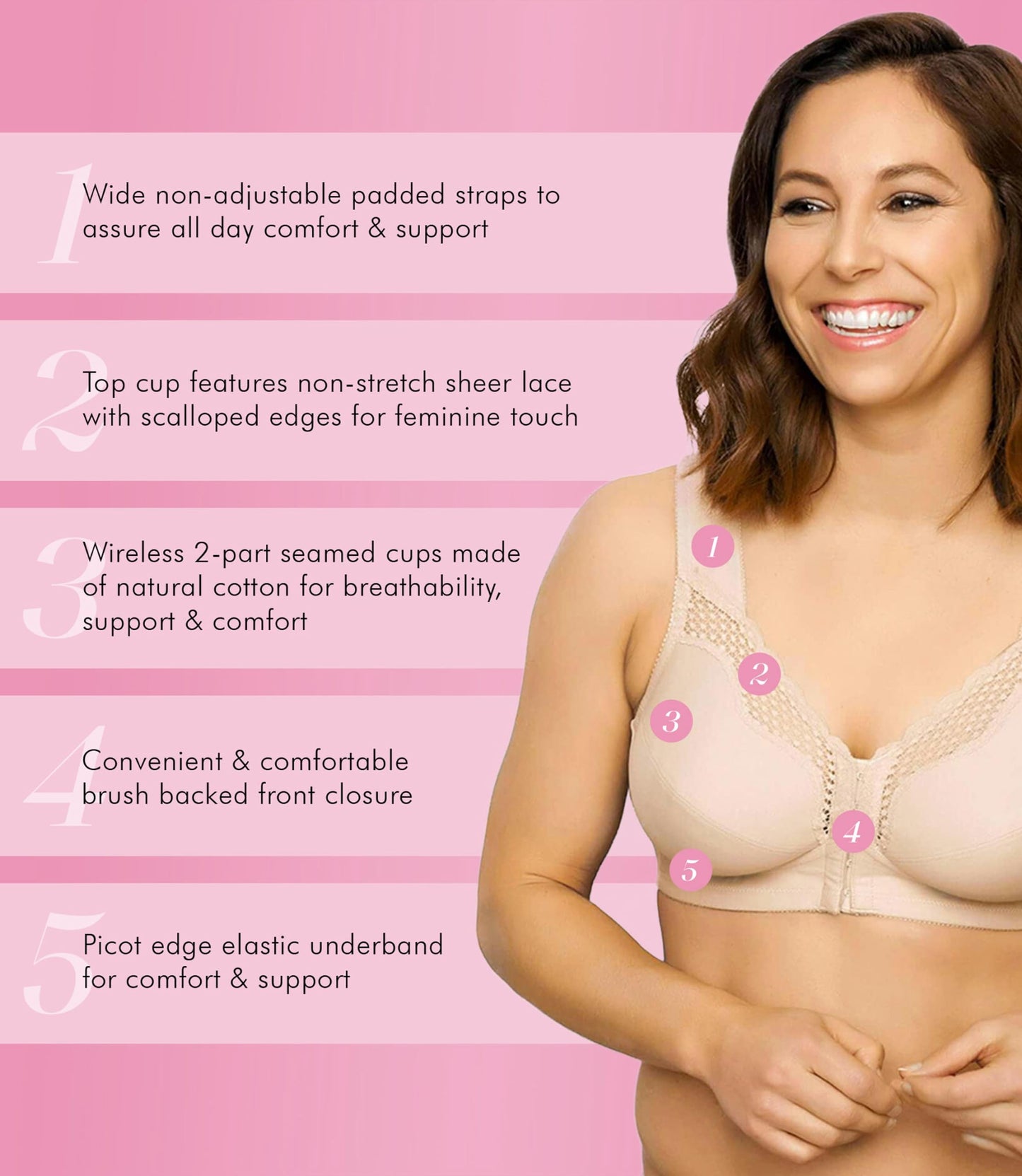 Exquisite Form 5100531 Women's FULLY Wireless Cotton Back & Posture Support Bra with Front Closure & Lace