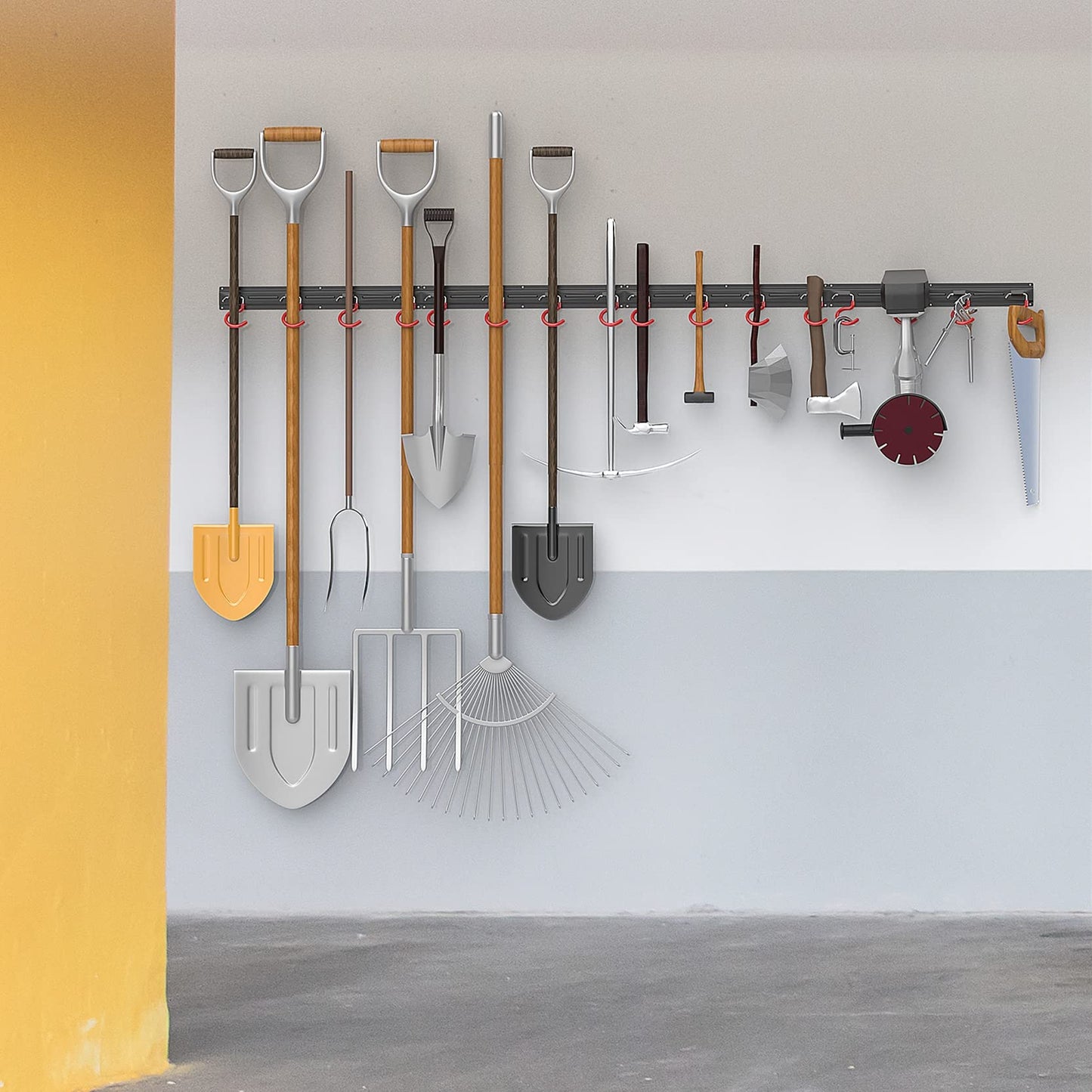 WALMANN All Metal 64 Inch Wall Mount Garden Tool Organizer for Garage, Mop and Broom Holder, Yard Tool Storage Rack for Rake, Shovel, Spade, Mop, Broom(4 Rails, 16 Hooks)