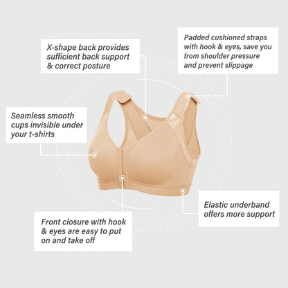 DELIMIRA Women's Front Closure Posture Wireless Back Support Full Coverage Bra Taupe Tan 36C