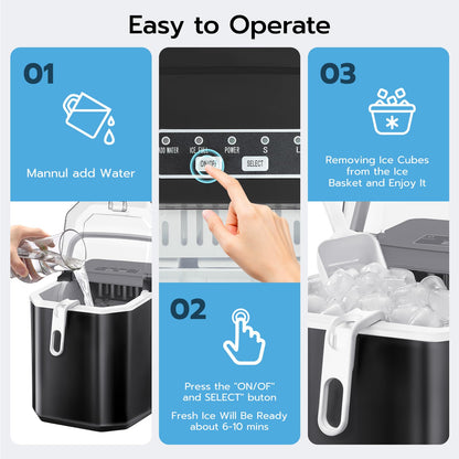 ZAFRO Countertop Ice Maker, 26.5Lbs/24H, 9 Bullet Cubes in 6 Mins, Self-Cleaning Portable Ice Machine with 2 Ice Sizes (S/L), Quiet Compact Design, Double Handles, for Home, Party, RV, Camping, Black