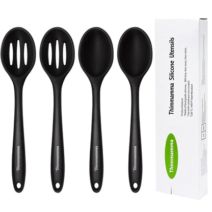 Silicone Cooking Spoon, Nonstick Kitchen Spoons for Cooking, Slotted and Solid Serving Spoon Heat Resistant, Silicone Mixing Spoons Basting for Nonstick Cookware 4 Pack